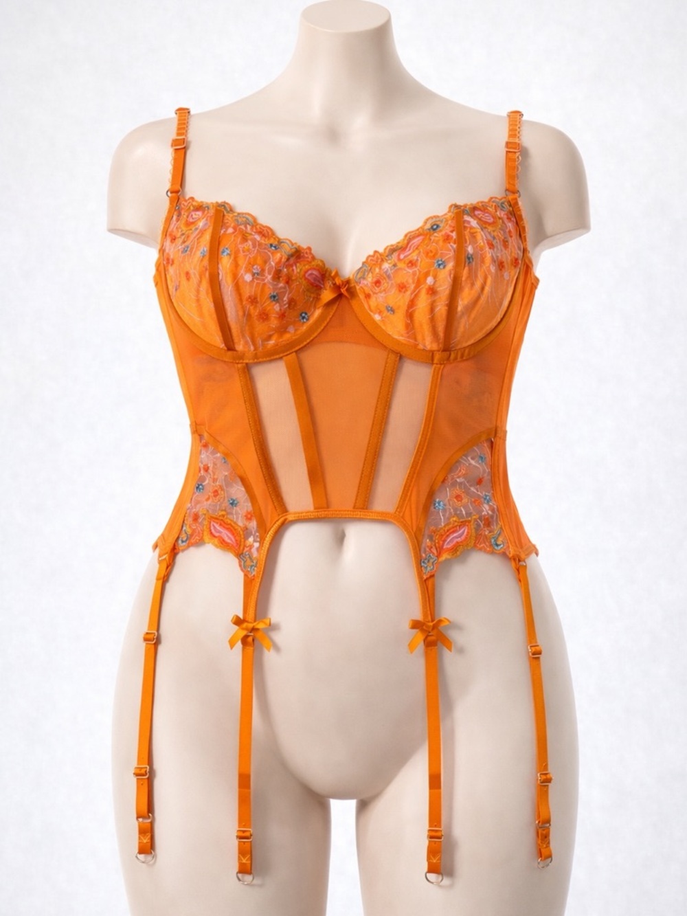 Orange Embroidered Lace Bustier with Garter Straps
